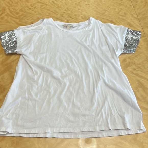 🧡 MICHAEL KHORS WHITE TOP-SEQUIN SHORT SLEEVE- - Picture 12 of 15